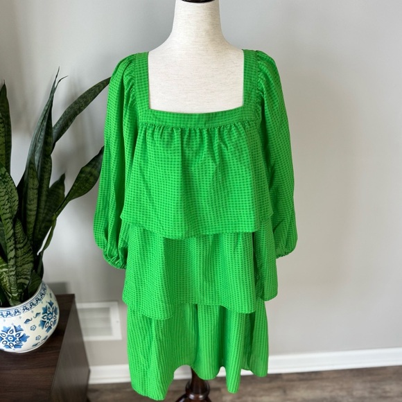 NWT! Square Neck Checkered Tier Layer Bubble Sleeve Dress - Color: Online Lime - Picture 4 of 10